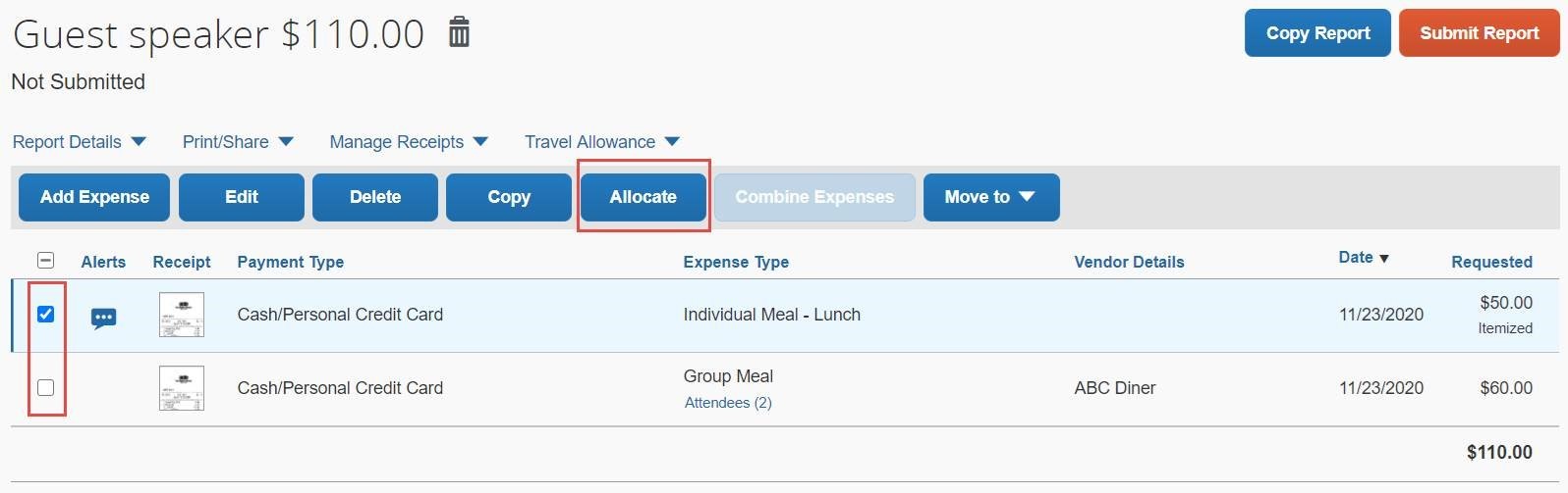 Screenshot of the Concur ChartString expense allocation page. 