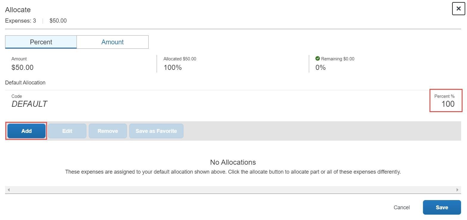 Screenshot of the Concur expense allocation page.