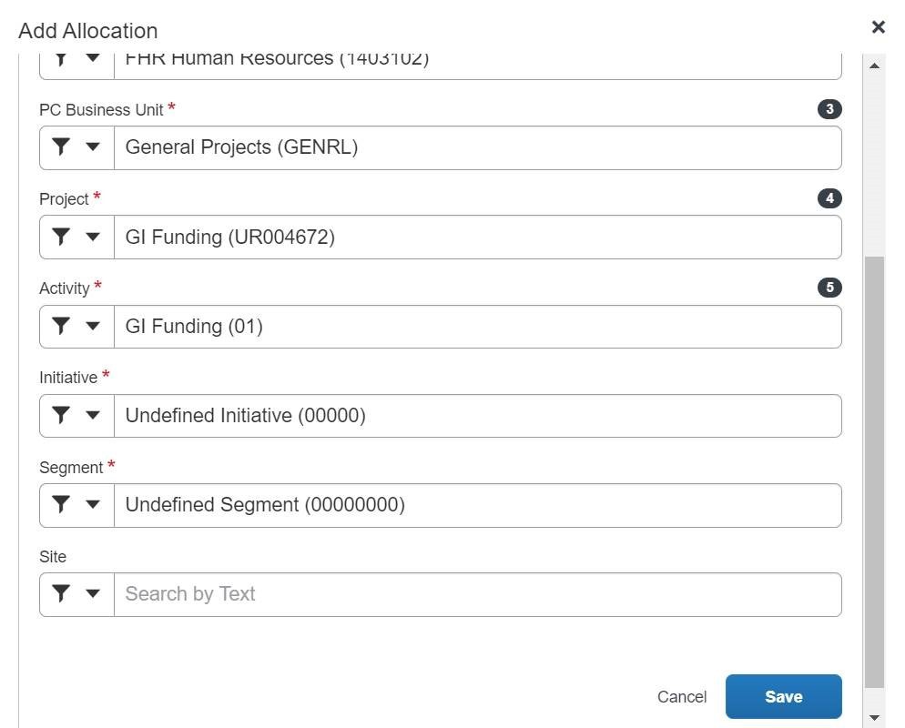Screenshot of the Concur "add allocation" options.