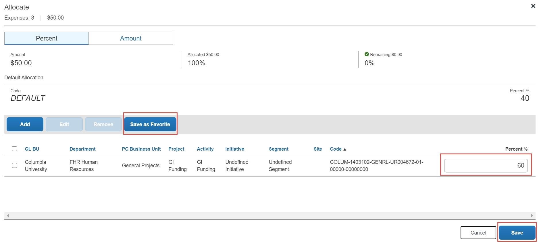screen shot of concur chartfields editing page