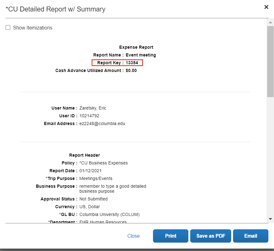 Screenshot of The CU Detailed Report w/ Summary window displays the Report Key