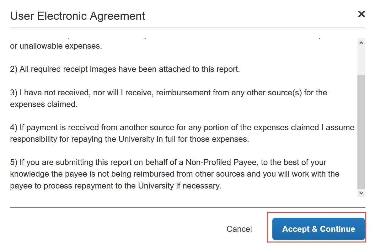 screen shot of user electronic agreement form's accept and continue button.