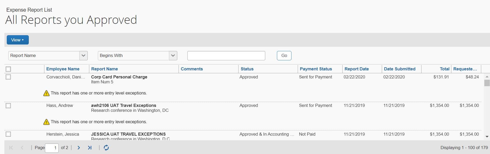 Screenshot of all reports you approved page in Concur.