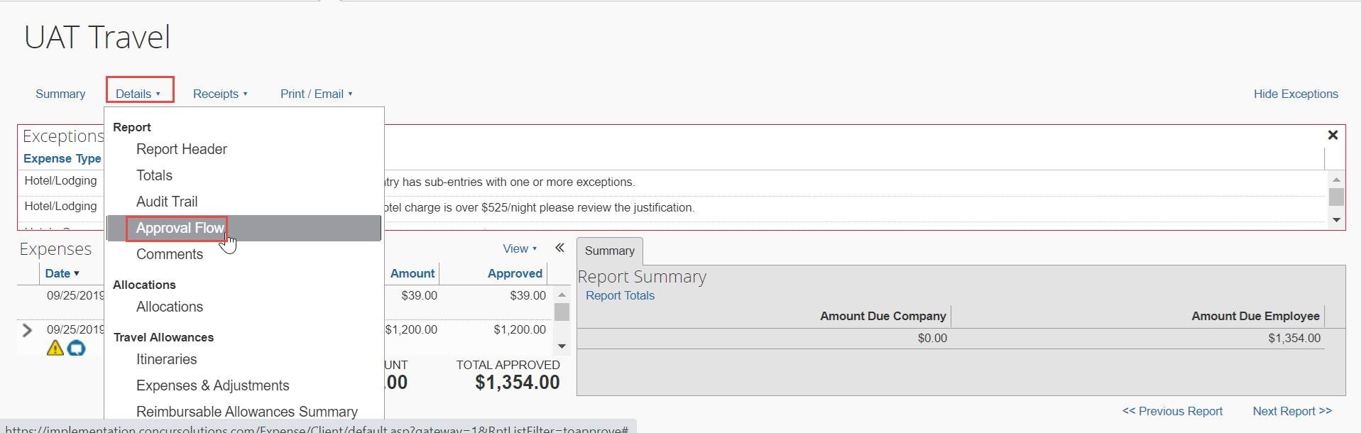 Screenshot of approval row dropdown in Concur.