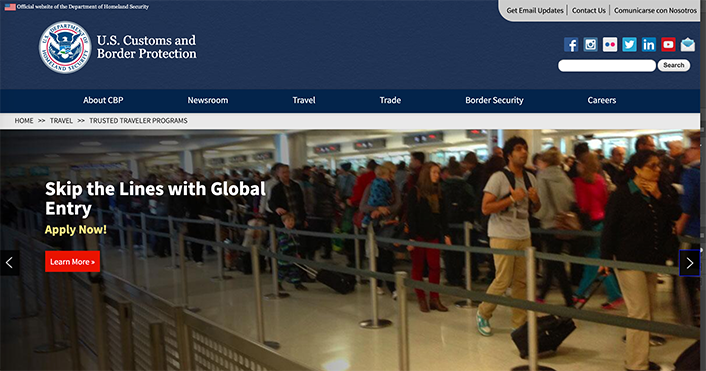 Screenshot of the home page of the US Global Entry program.
