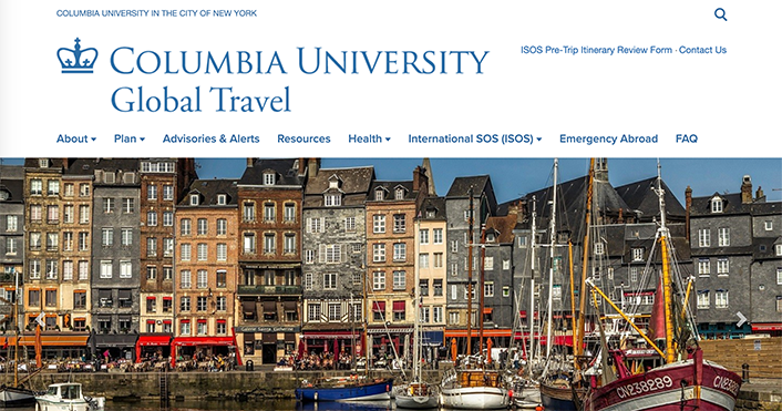 Screenshot of the home page of Columbia's Global Travel website.