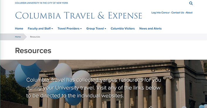 Screenshot of the Columbia Travel and Expense Resources page.