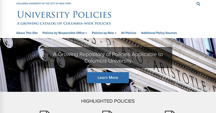 Screenshot of the homepage of University Policies.