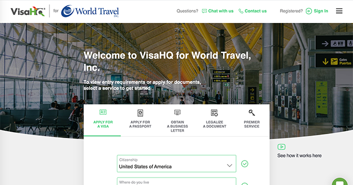 Screenshot of the home page of VisaHQ for World Travel, Inc.