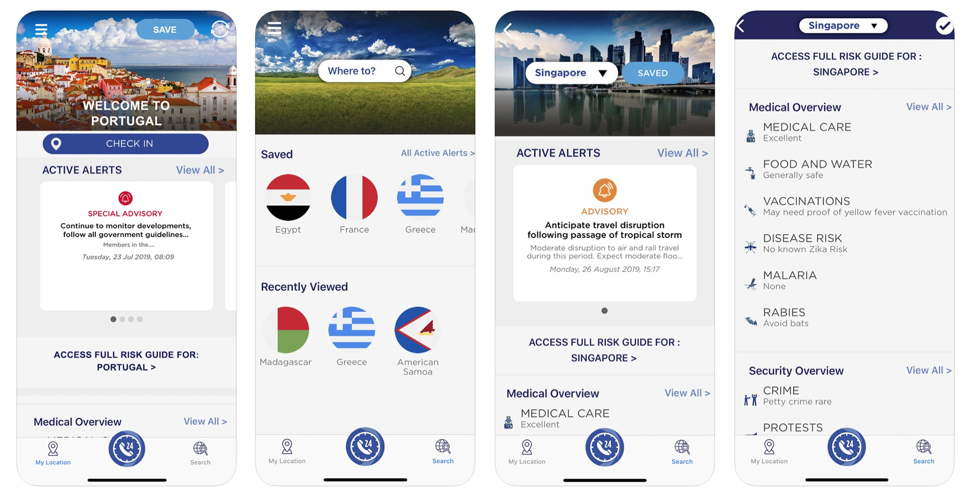 Example screenshots of the International SOS mobile app.