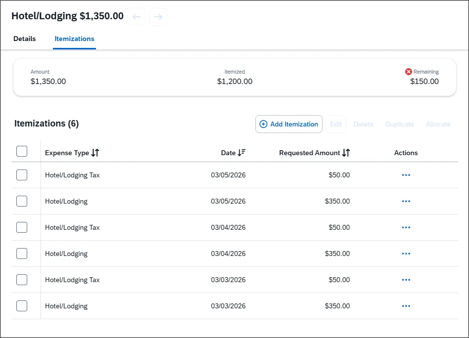 Itemized with Remaining.