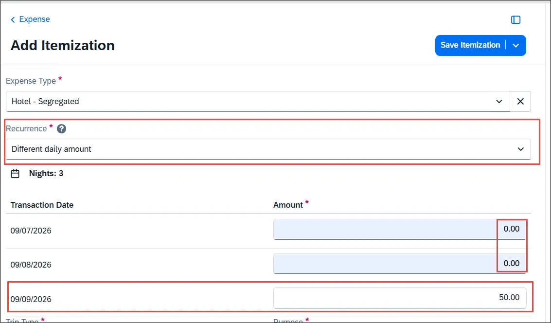 Add Itemization - Segregated, Different Daily Amount