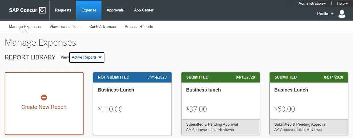screen shot of expense tab