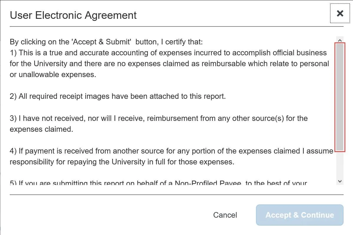 Screen shot of user electronic agreement.