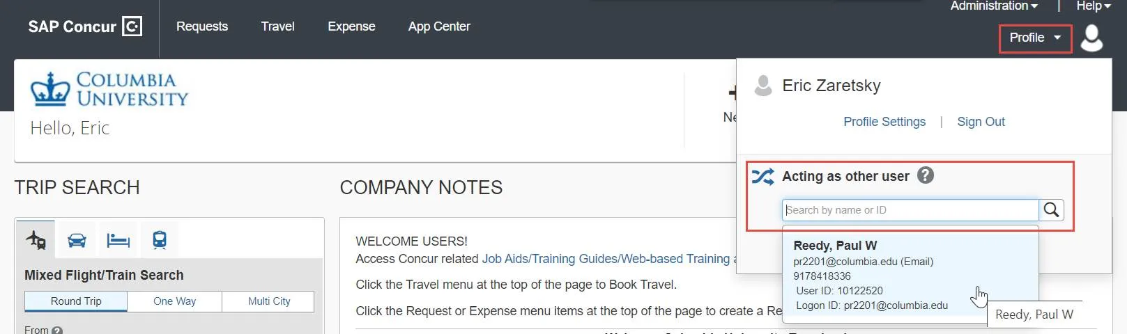 Screenshot of Acting as Other User screen in Concur.