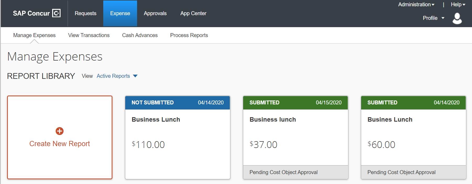 Screenshot of the Concur managing expenses page.