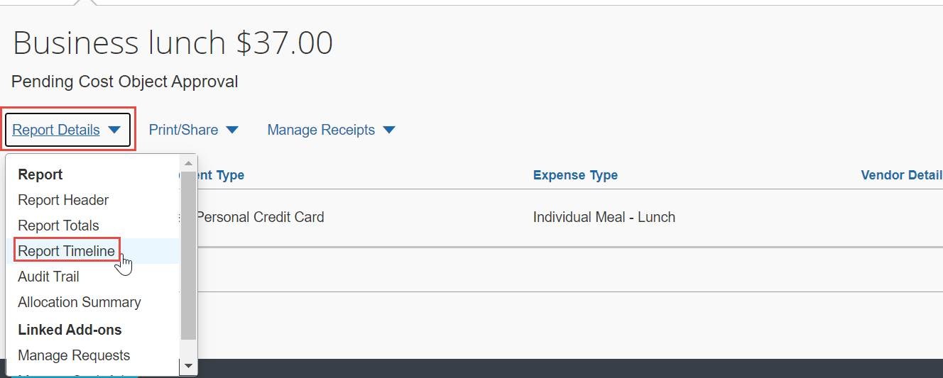 Screenshot of the Concur pending cost object approval page.