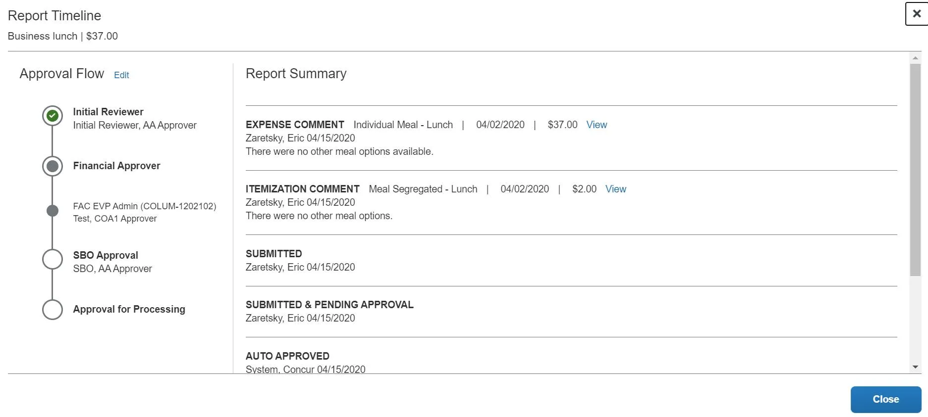 Screenshot of the Concur report timeline.