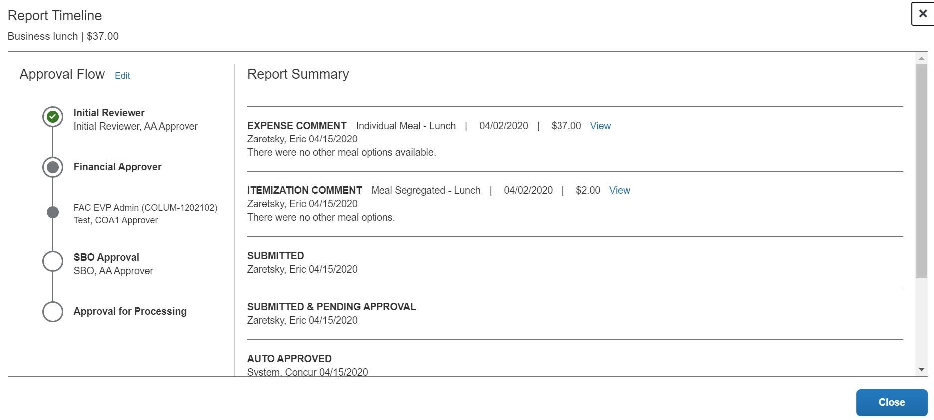 Screenshot of the Concur report timeline.
