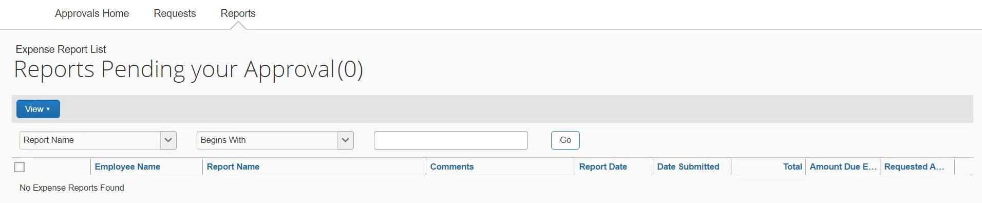 Screenshot of reports pending your approval page in Concur.