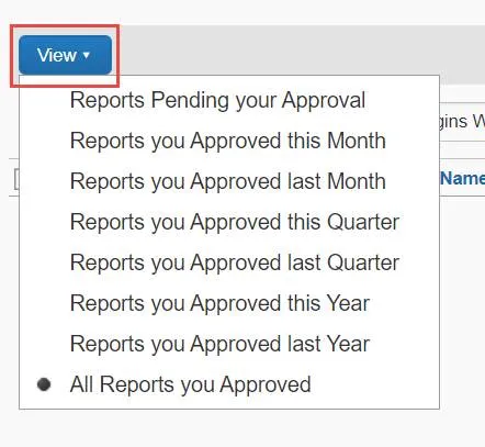 Screenshot of Approvals dropdown.