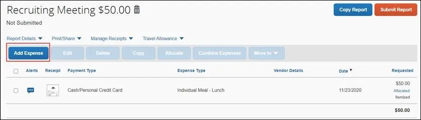 screenshot of add expense button
