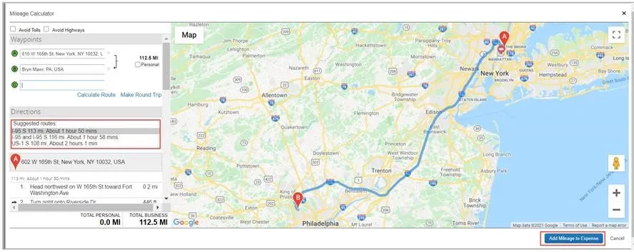 screenshot of suggested routes